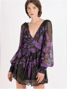 Purple Floral V-Neck Long Sleeve Mini Dress - Viha